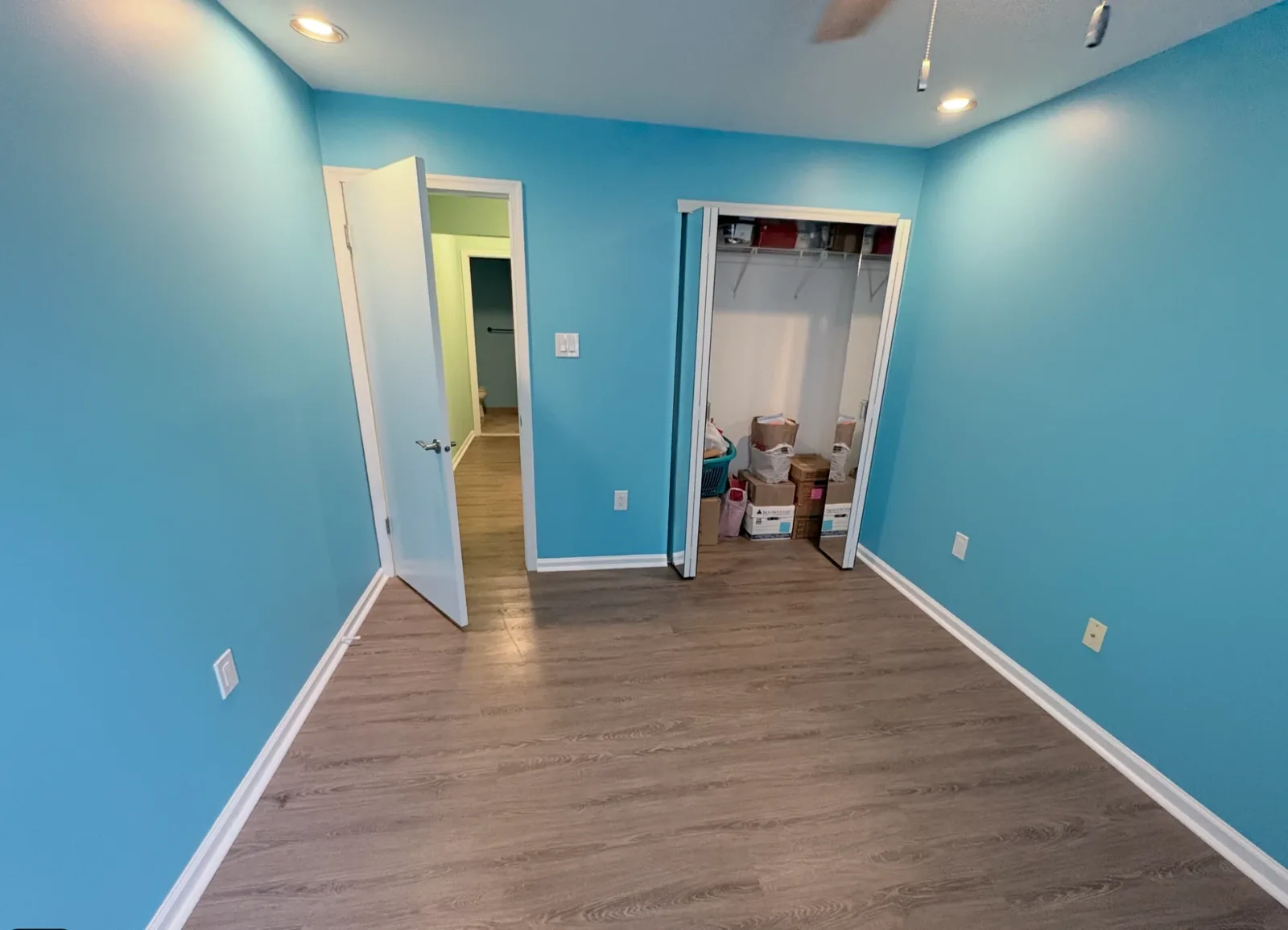 Bedroom painted turquoise with white trim, closet, and wood look flooring
